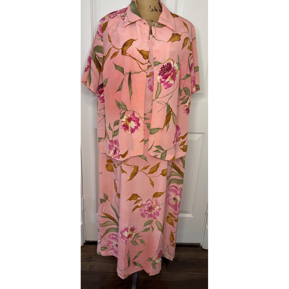 Vintage Dani Max Pink Floral Print Button Down Shirt & Dress Set‎ Size 18 Plus
